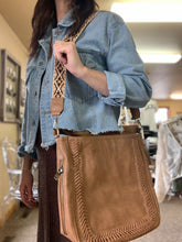 Load image into Gallery viewer, latte stitched hobo bag with guitar strap