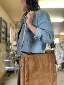 latte stitched hobo bag with guitar strap