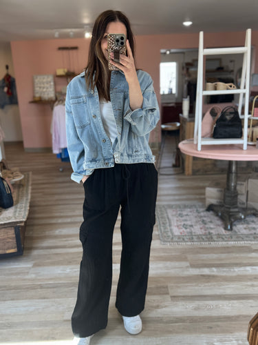 black cotton gauze cargo wide leg pants