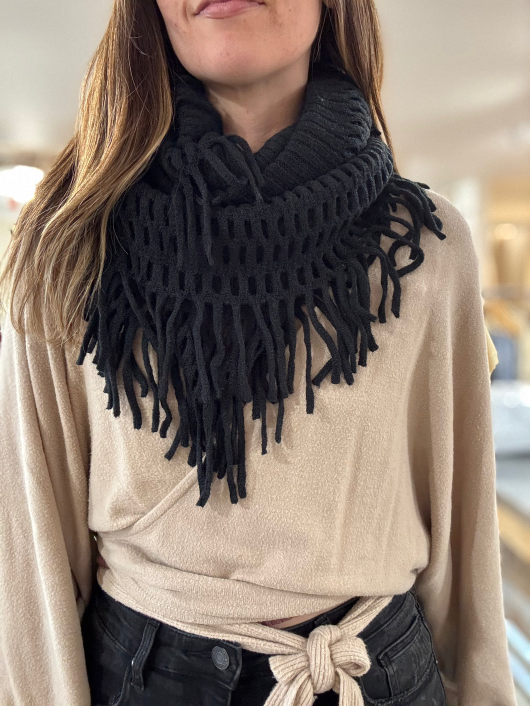 black chenille tassel fringe infinity scarf