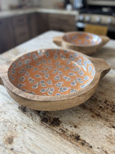 Load image into Gallery viewer, orange + blue floral mango wood bowls with handles | 2 sizes
