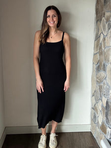 off the grid black ribbed midi dress