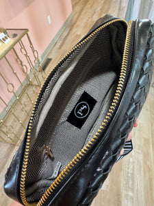 whiskey brown checkered woven crossbody camera bag