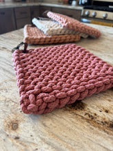 Load image into Gallery viewer, shades of pink crochet pot holder with leather loop | 3 colors