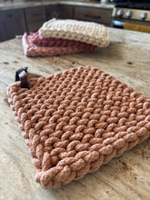 Load image into Gallery viewer, shades of pink crochet pot holder with leather loop | 3 colors