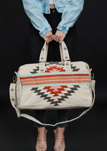 Load image into Gallery viewer, beige, brown, light blue + red aztec woven weekender bag