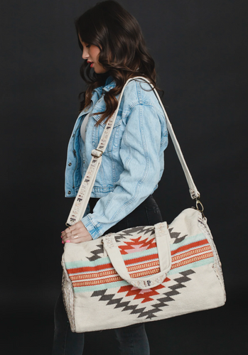 beige, brown, light blue + red aztec woven weekender bag