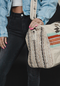 beige, brown, light blue + red aztec woven weekender bag