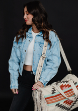 Load image into Gallery viewer, beige, brown, light blue + red aztec woven weekender bag