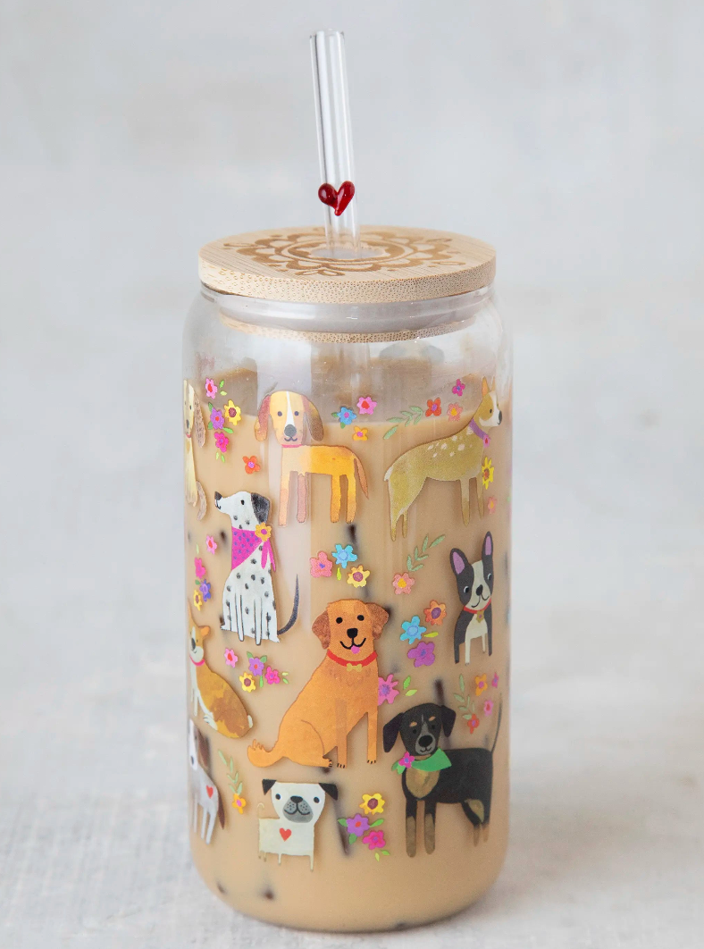 natural life dog glass tumbler with lid + straw