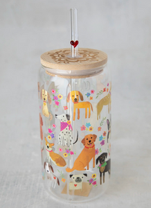 natural life dog glass tumbler with lid + straw