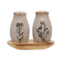 Load image into Gallery viewer, floral stoneware salt &amp; pepper shakers with tray