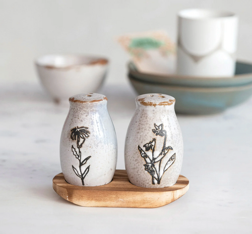 floral stoneware salt & pepper shakers with tray