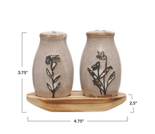 Load image into Gallery viewer, floral stoneware salt &amp; pepper shakers with tray