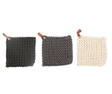 Load image into Gallery viewer, crochet pot holder with leather loop | 3 colors