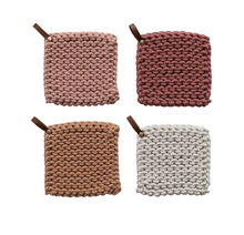 Load image into Gallery viewer, shades of pink crochet pot holder with leather loop | 3 colors