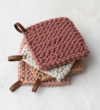 Load image into Gallery viewer, shades of pink crochet pot holder with leather loop | 3 colors