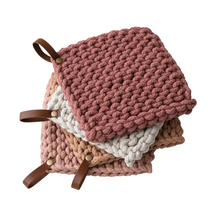 Load image into Gallery viewer, shades of pink crochet pot holder with leather loop | 3 colors