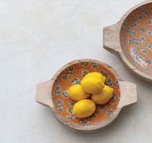 Load image into Gallery viewer, orange + blue floral mango wood bowls with handles | 2 sizes