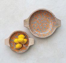 Load image into Gallery viewer, orange + blue floral mango wood bowls with handles | 2 sizes