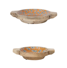 Load image into Gallery viewer, orange + blue floral mango wood bowls with handles | 2 sizes