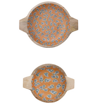 Load image into Gallery viewer, orange + blue floral mango wood bowls with handles | 2 sizes