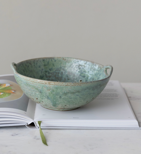 aqua stoneware berry bowl with handles