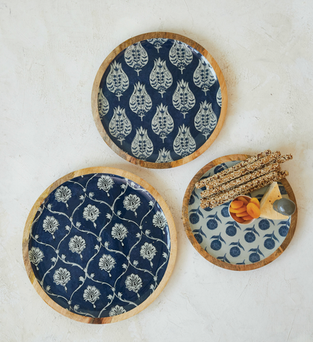 indigo floral motif mango wood trays | sold individually
