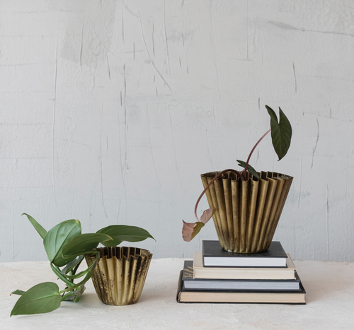 vintage fluted antique brass planter
