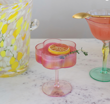 Load image into Gallery viewer, iridescent pink hand-blown pleated flower shaped coupe glass