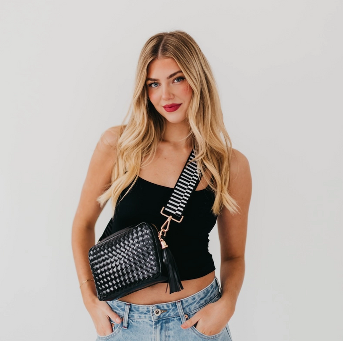 black woven crossbody camera bag