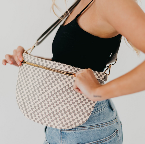 grey + white checkered woven bum bag