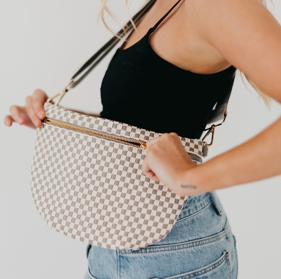 grey + white checkered woven bum bag