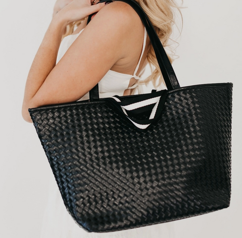 black woven organizer tote