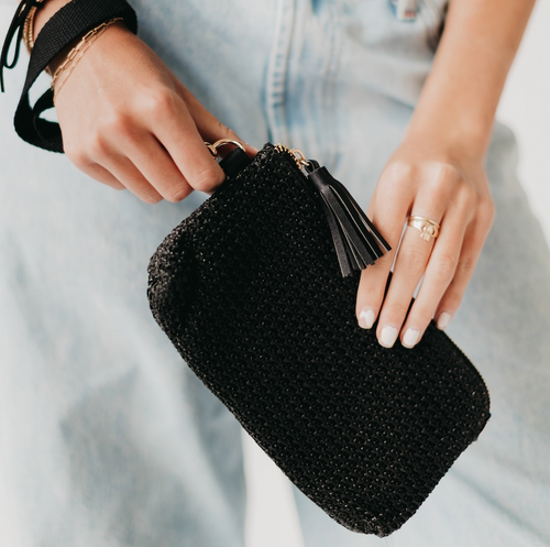 black raffia woven wallet wristlet clutch