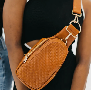 whiskey brown woven sling bag