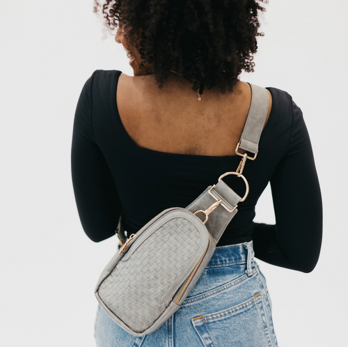 grey woven sling bag