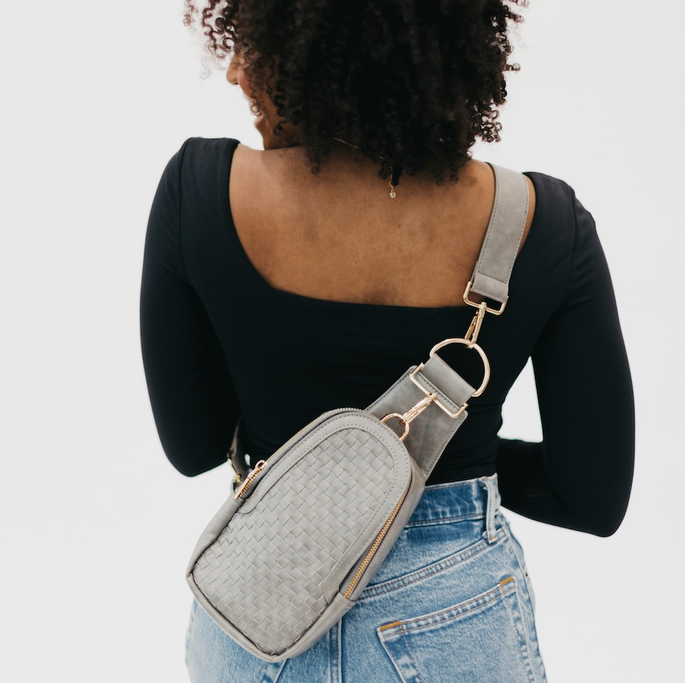 grey woven sling bag