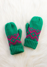 Load image into Gallery viewer, bright green + pink mittens