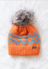 Load image into Gallery viewer, bright orange + blue pom beanie