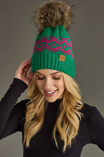 bright green + pink pom beanie