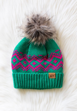 Load image into Gallery viewer, bright green + pink pom beanie