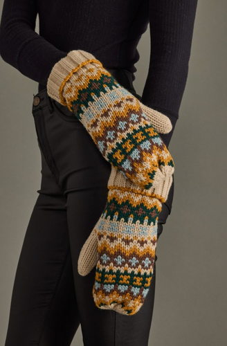 taupe, brown + green mittens