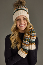 Load image into Gallery viewer, cream, mustard, blue + green pom beanie