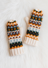 Load image into Gallery viewer, cream, mustard, blue + green mittens