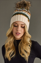 Load image into Gallery viewer, cream, mustard, blue + green pom beanie