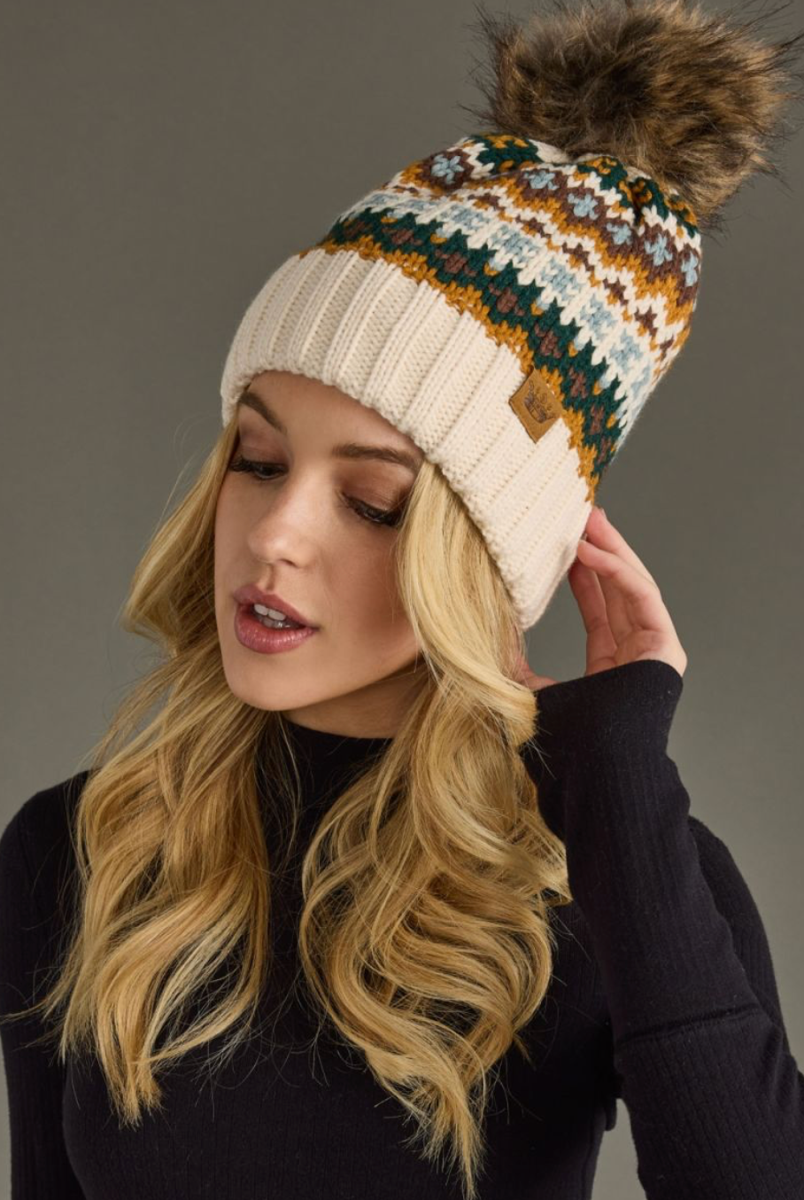 cream, mustard, blue + green pom beanie