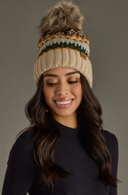 Load image into Gallery viewer, taupe, brown + green pom beanie