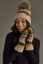 Load image into Gallery viewer, taupe, brown + green pom beanie