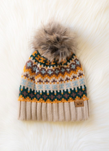 Load image into Gallery viewer, taupe, brown + green pom beanie